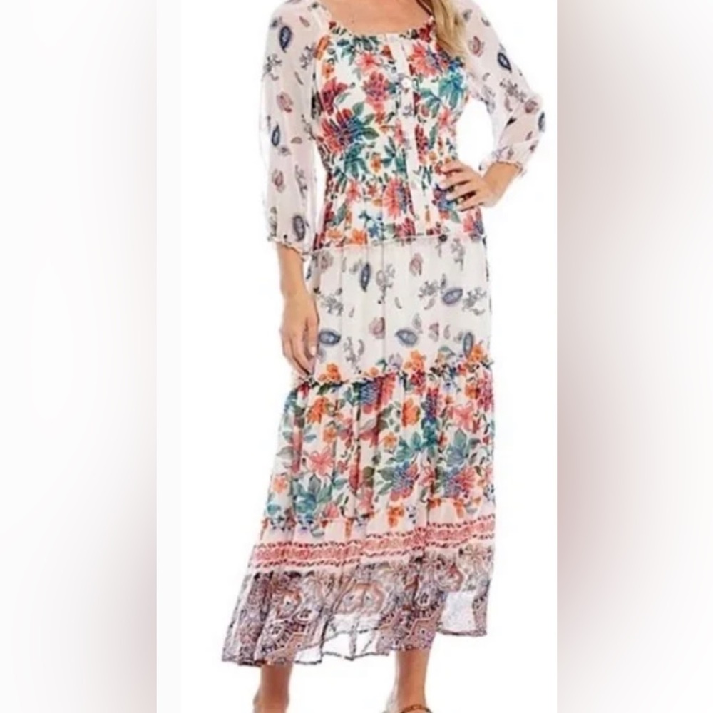 Fig & Flower Floral Block Print Vero Off the Shoulder Smocked Waist Maxi Dress - Picture 15 of 15